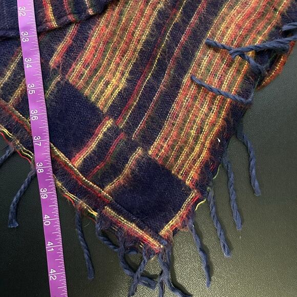Colorful Wool Striped Hooded Poncho Cape with Fringe One Size - Picture 7 of 7